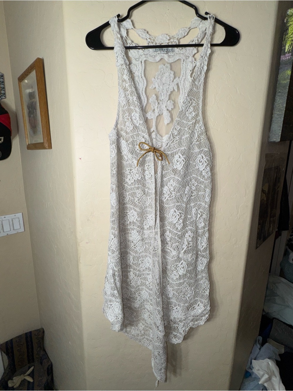 Haute Monde White Lace Sleeveless Open Front Duster Vest Cover Up Boho S